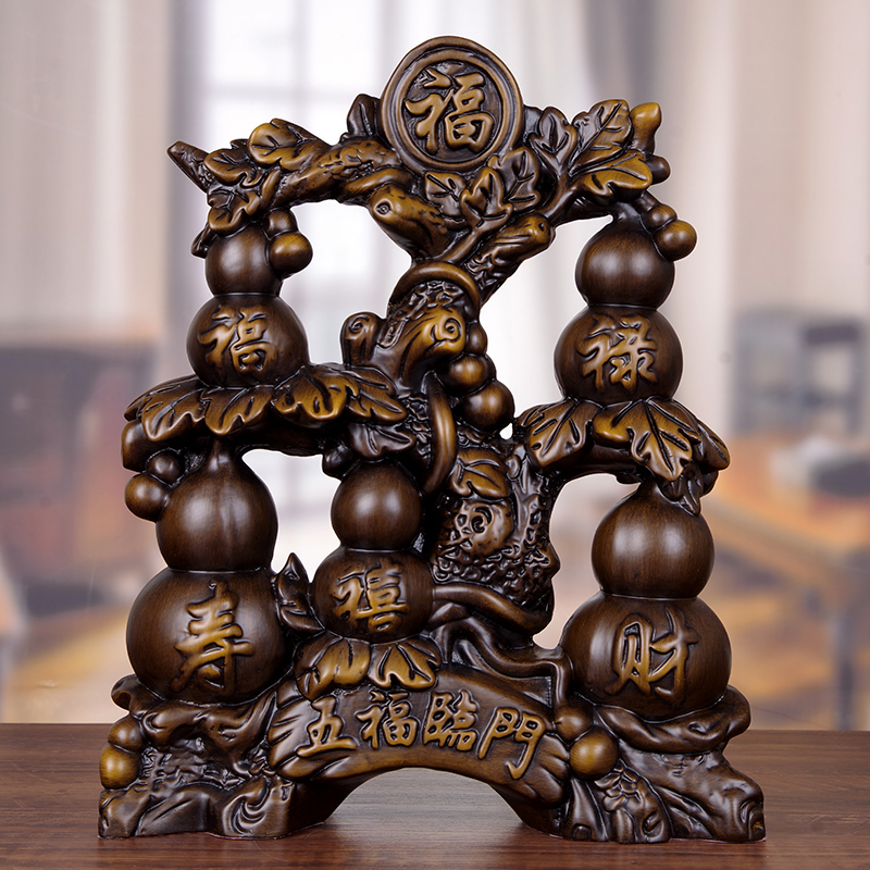招财葫芦摆件全实木雕刻五福临门
