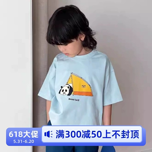 17kids 儿童卡通熊猫帐篷印花清爽蓝中小童短袖 新品 夏季 T恤