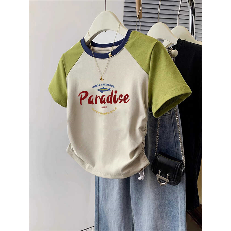 2024夏设计感小众纯欲风甜辣妹性感圆领短袖t恤女不规则短款上衣,女装/女士精品,T恤,淘宝优惠券,粉丝福利购,淘宝优惠卷