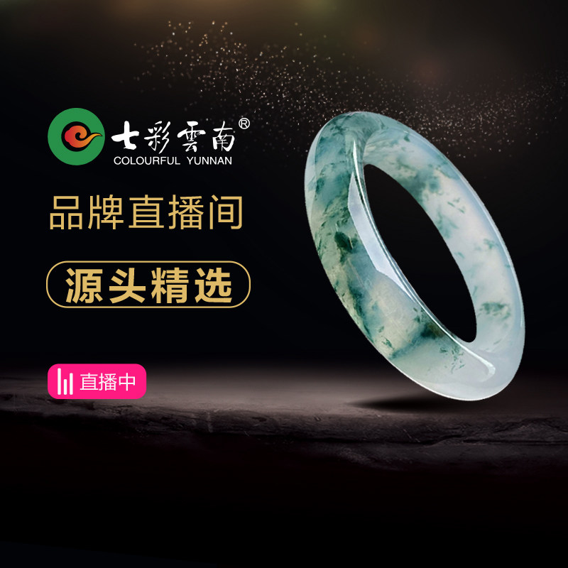 七彩云南翡翠品牌直播间缅甸天然玉石绿冰飘花翡翠玉镯时尚贵妃镯