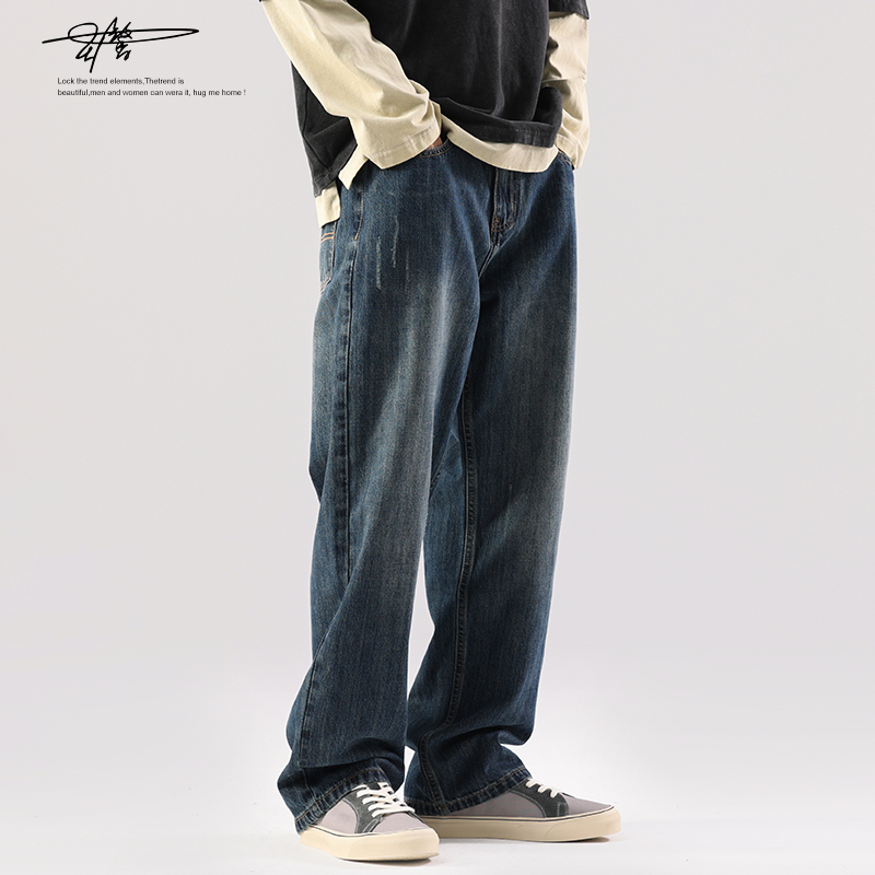 美式复古牛仔裤男宽松直筒阔腿裤