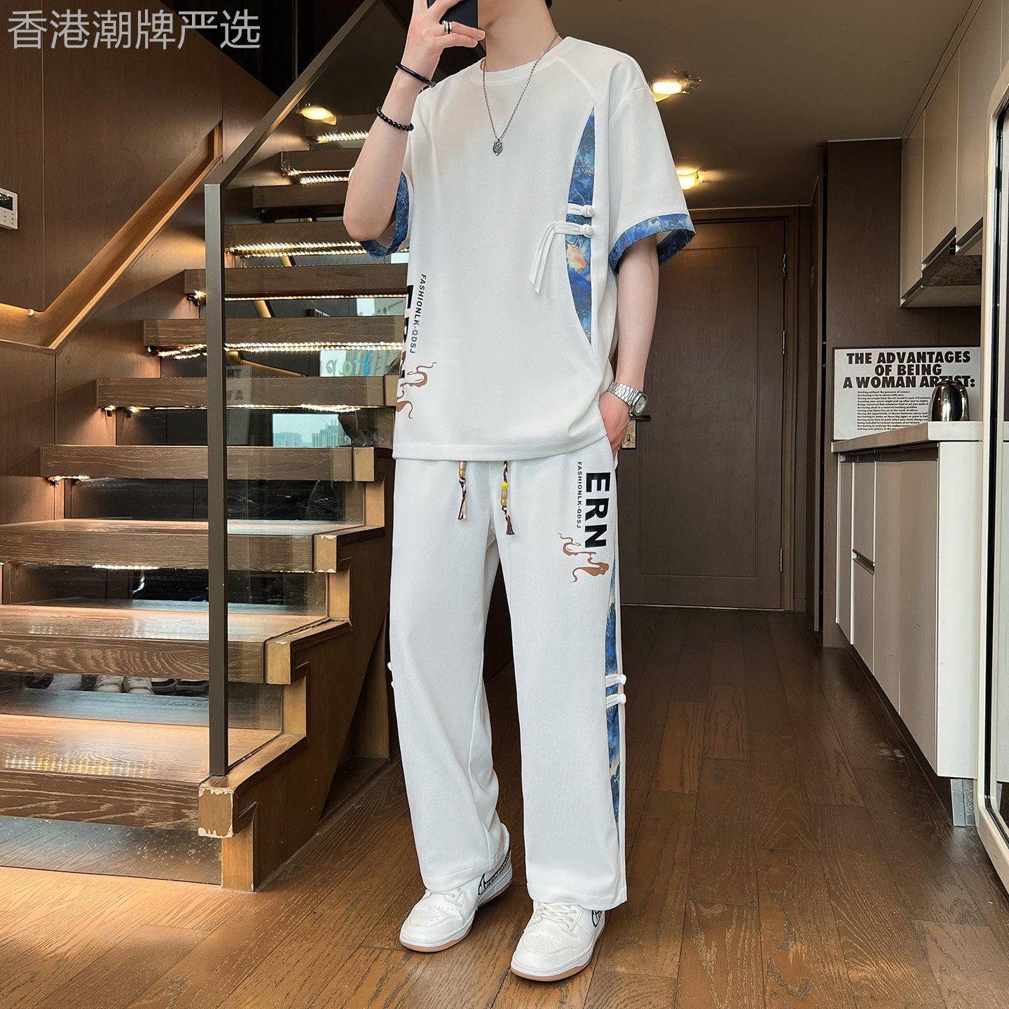 新中式套装男夏季薄款潮牌痞帅短袖T恤搭配长裤休闲男装一套穿搭