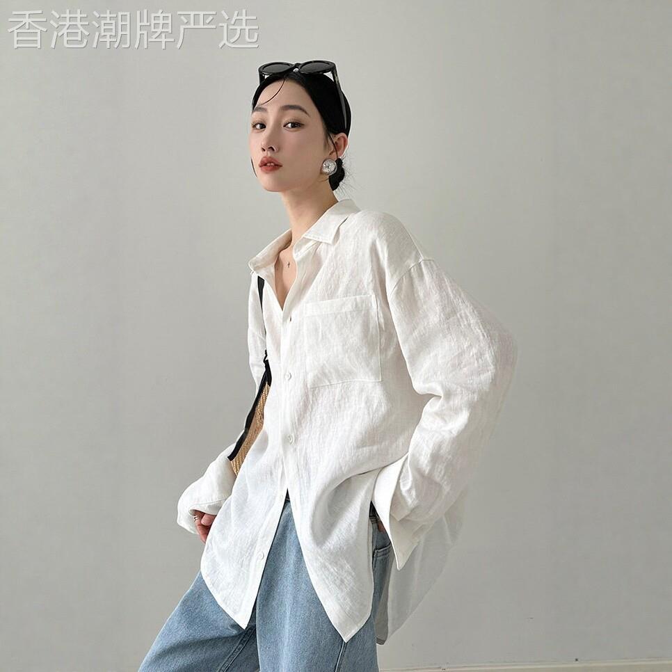白色棉麻衬衫女夏季2026新款法式慵懒老钱风宽松洋派防晒衬衫上衣