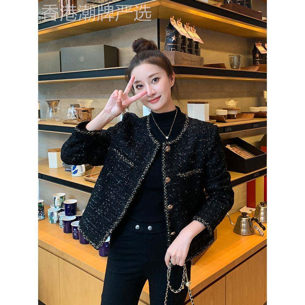 法国Rouje Dsyle黑色小香风外套女春秋亮丝短款高级感羽绒服上衣