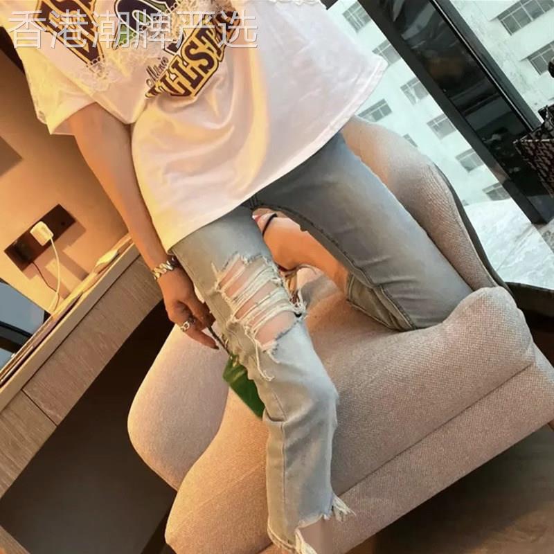 破洞牛仔裤女夏季薄款2026年新款高腰直筒大尺码显瘦小个子烟管裤