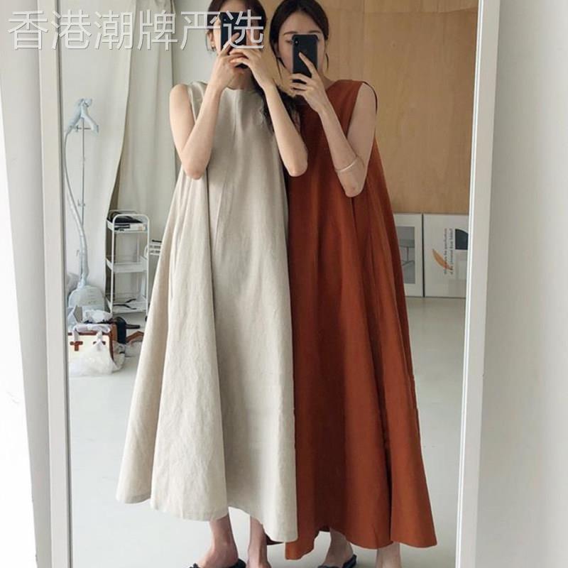 天丝棉麻苎连衣裙女夏季新款麻铜氨丝一片式及脚踝无袖背心长裙子