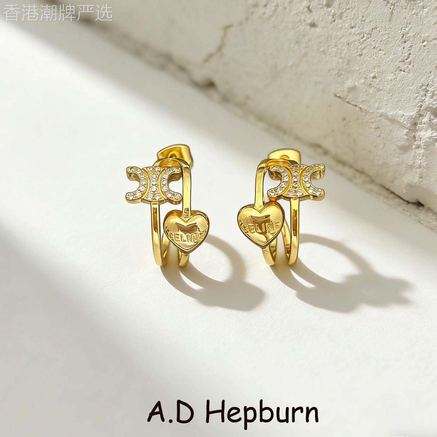 A.D Hepburn 金色爱心CE字母锆石耳圈女独特设计感耳饰时尚流行款
