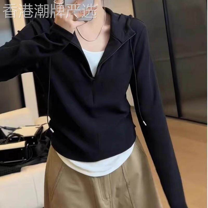 大码休闲设计感小众假两件连帽内搭打底衫女士春秋款显瘦遮肉卫衣