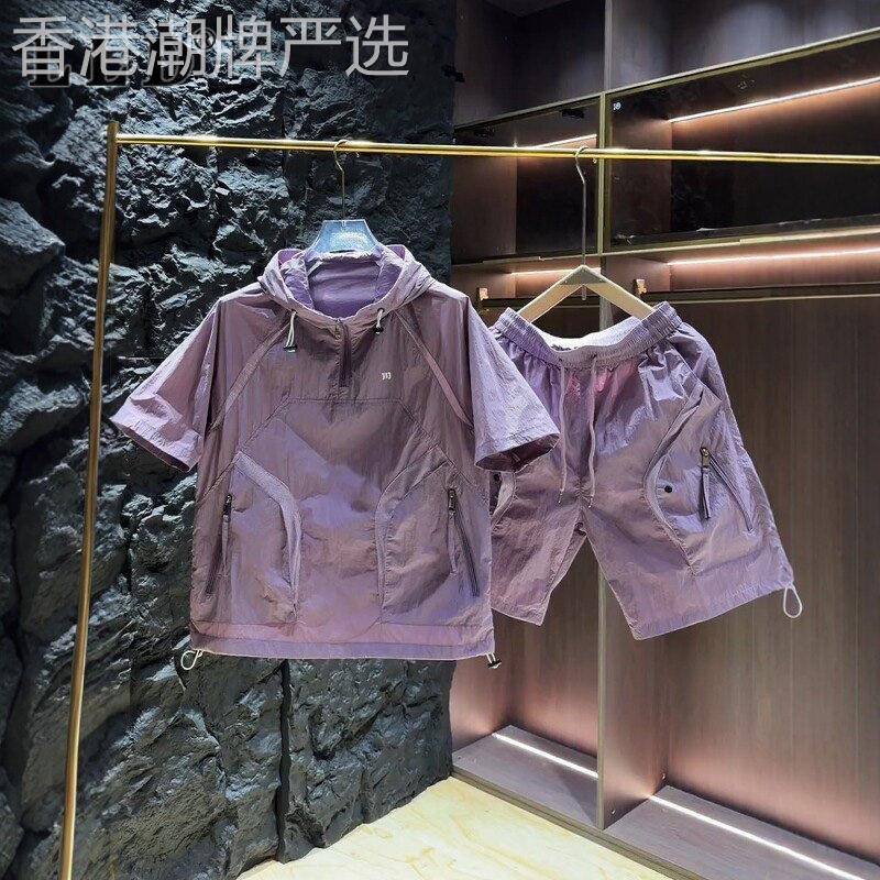 高端工装速干套装男士夏季2026年新款户外连帽短袖短裤男款两件套