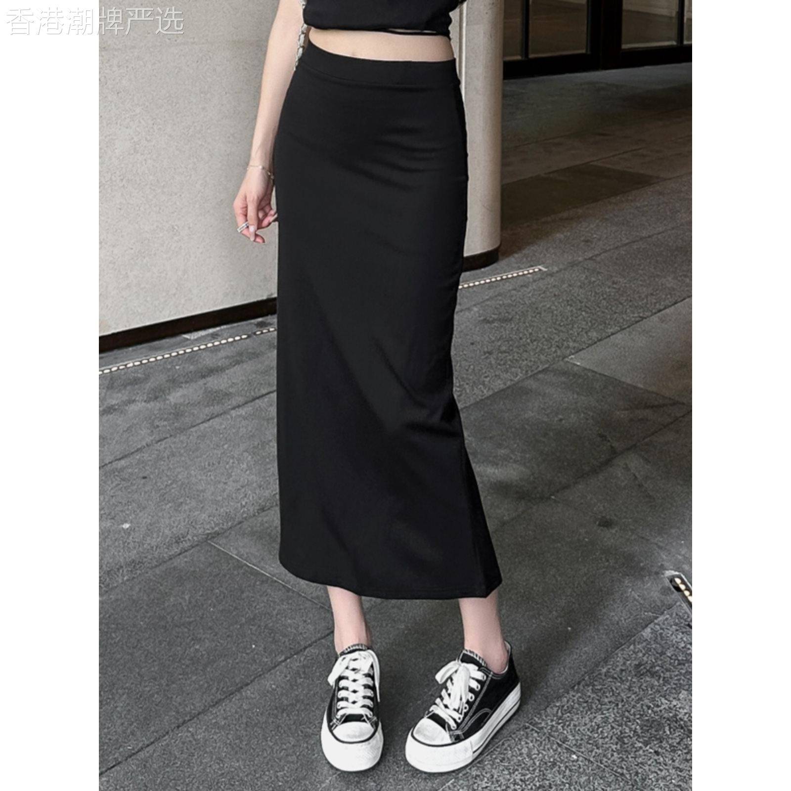 黑色半身裙女夏季欧货中长版高腰直筒a字裙后开 叉包臀半身一步裙