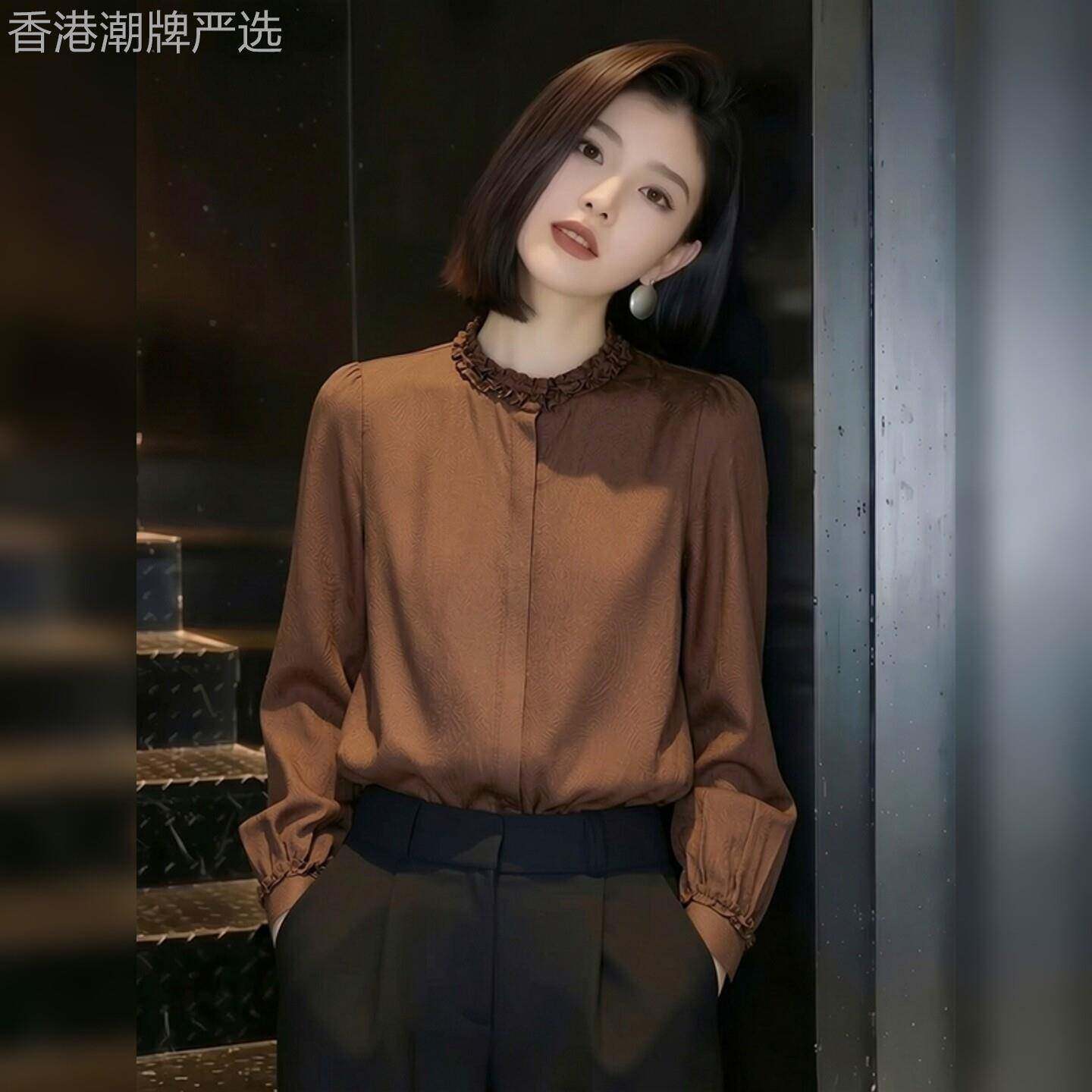 长袖衬衫女2026春季新款韩版宽松木耳边立领上衣洋气提花暗纹衬衣