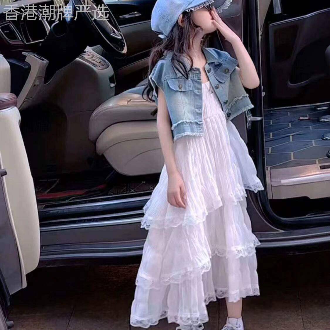 法国BADNUT女童洋装夏季套装2026新款儿童牛仔马甲吊带蛋糕裙子