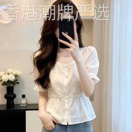 法式雪纺短袖衬衫女夏季2026新款泡泡袖方领收腰显瘦短款洋气上衣