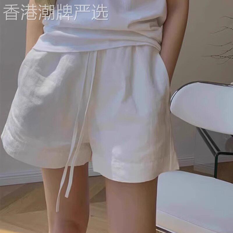 白色棉麻运动短裤女夏季小个子高腰a字阔腿裤宽松五分裤亚麻裤子