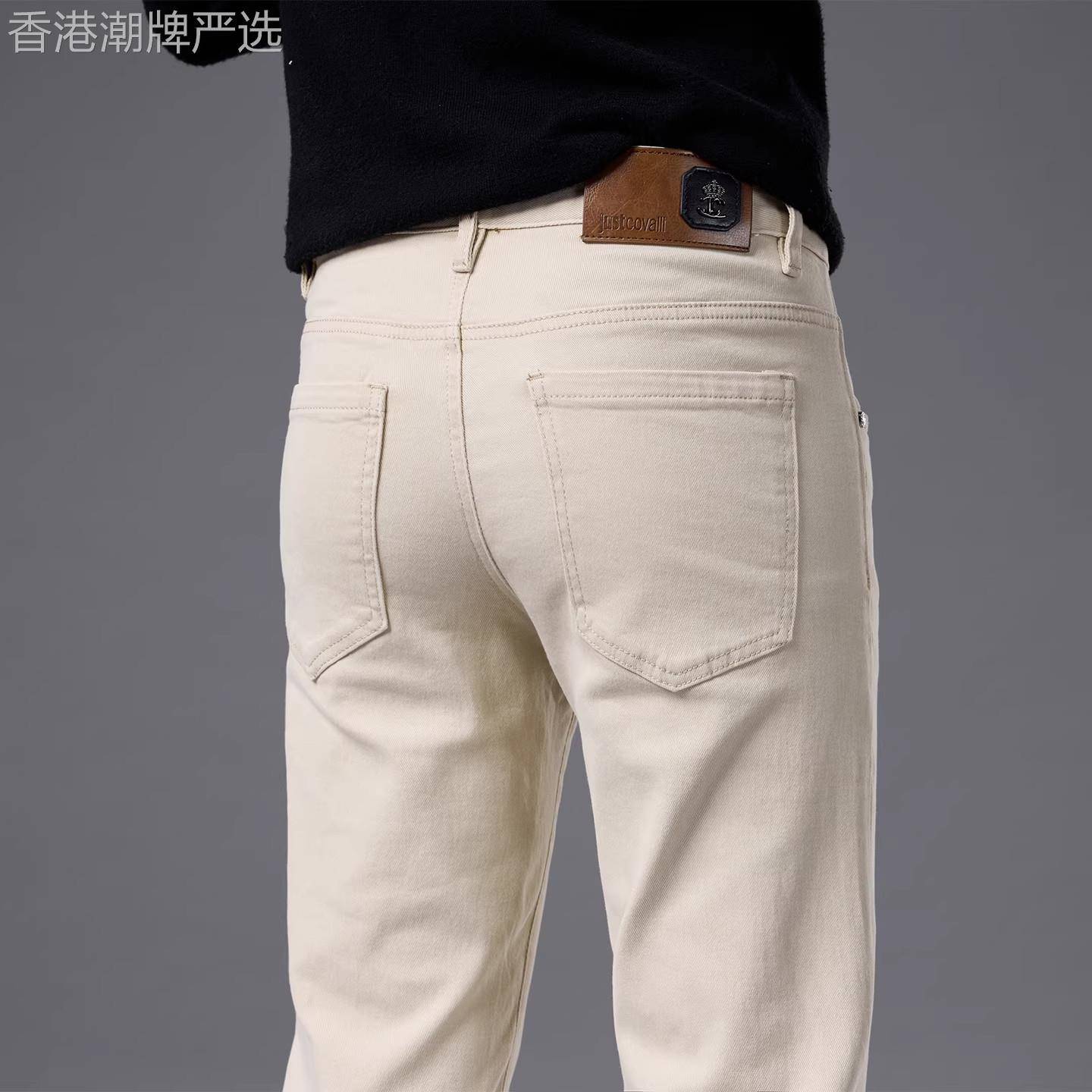 法国高端品牌米白色牛仔裤男士修身小脚弹力纯棉休闲裤子秋季新款
