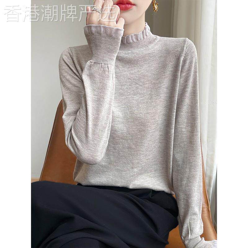 欧洲站半高领打底衫女2026新款春秋冬季气质宽松荷叶边针织毛衣潮