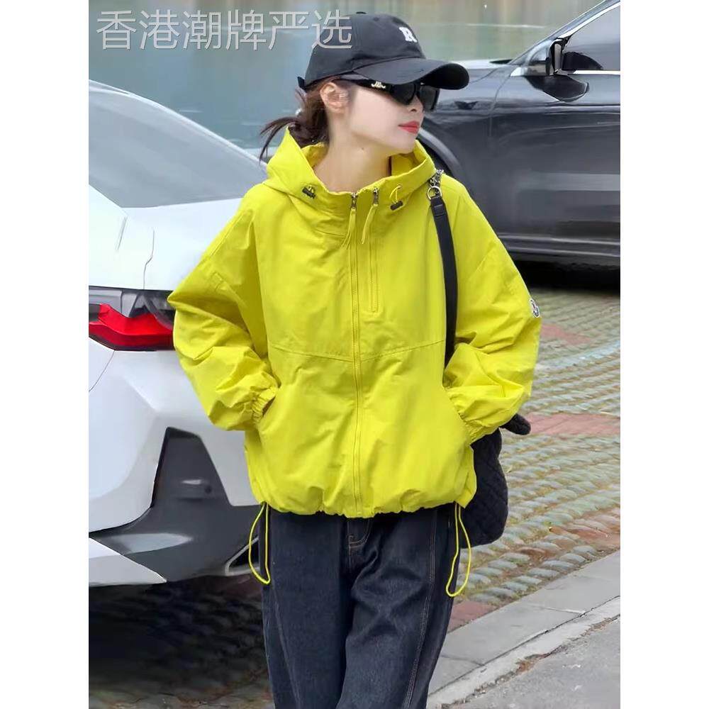 双拉炼连帽冲锋衣外套女短款2025新款韩版宽松显瘦小个子欧货上衣