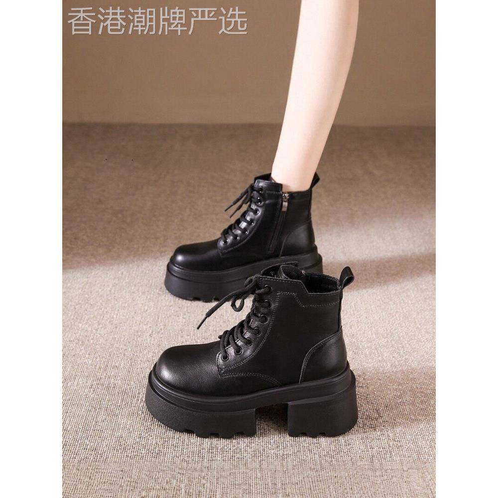 粗跟厚底马丁靴女新款百搭高跟加绒时尚短靴小个子配裙子单靴潮