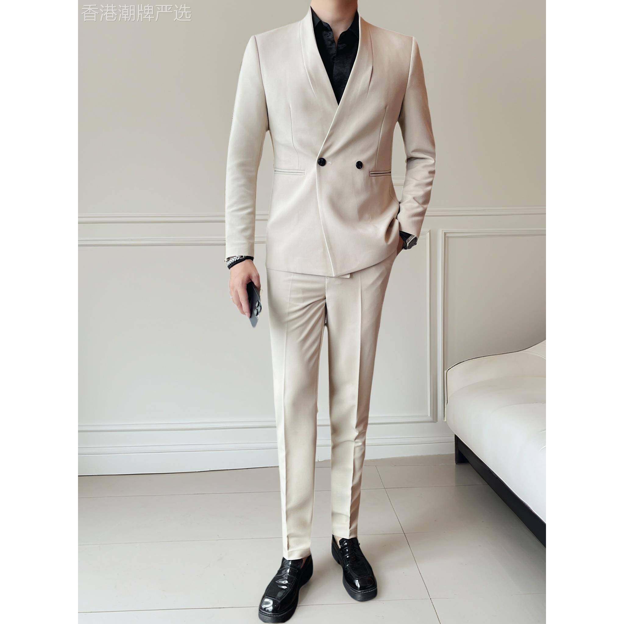 高端商务休闲西服套装男秋冬季新款青果领礼服韩版修身西装两件套