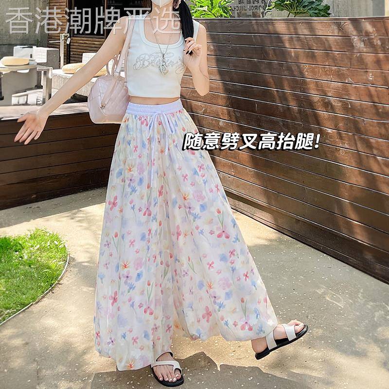 画报花苞裙裤女2026新款夏季垂感a字半身裙小个子碎花冰丝阔腿裤