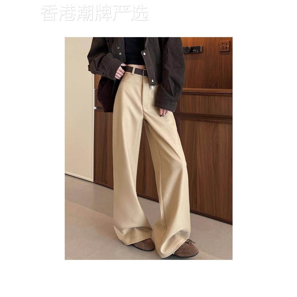 卡其色窄版阔腿裤女2025新款秋季小个子高腰宽松西装休闲拖地裤子