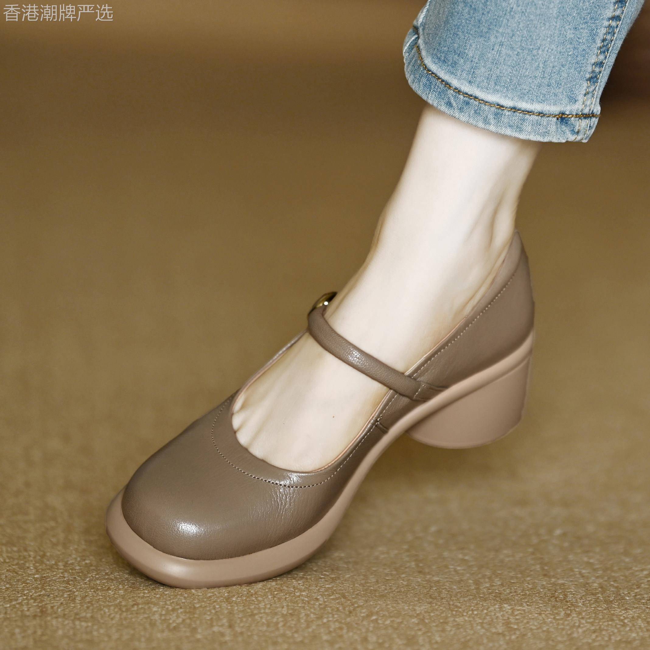 手工真皮!巨舒服~法式浅口单鞋女粗跟软羊皮一字扣中跟玛丽珍鞋