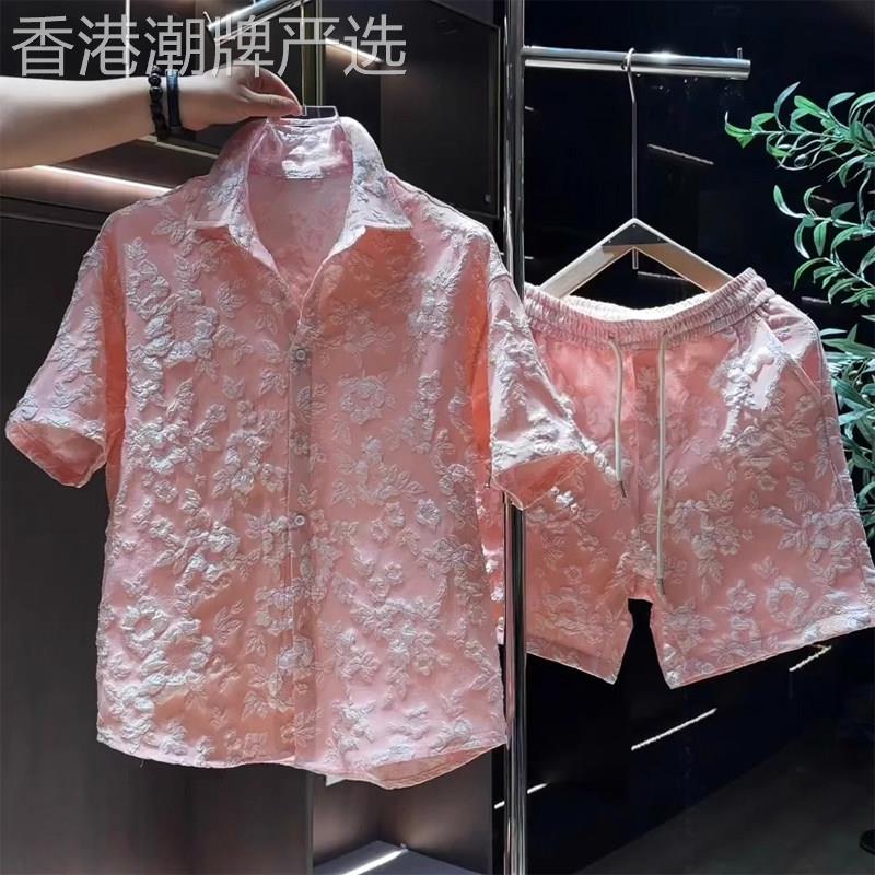 轻奢小众浮雕压花五分袖衬衫夏季薄款短裤套装男士潮流宽松两件套