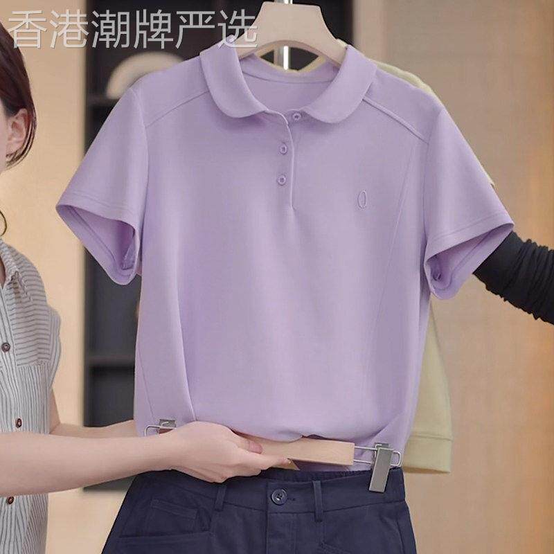 韩国紫色翻领t恤女士夏季新款时尚减龄显瘦高级感正肩polo衫上衣