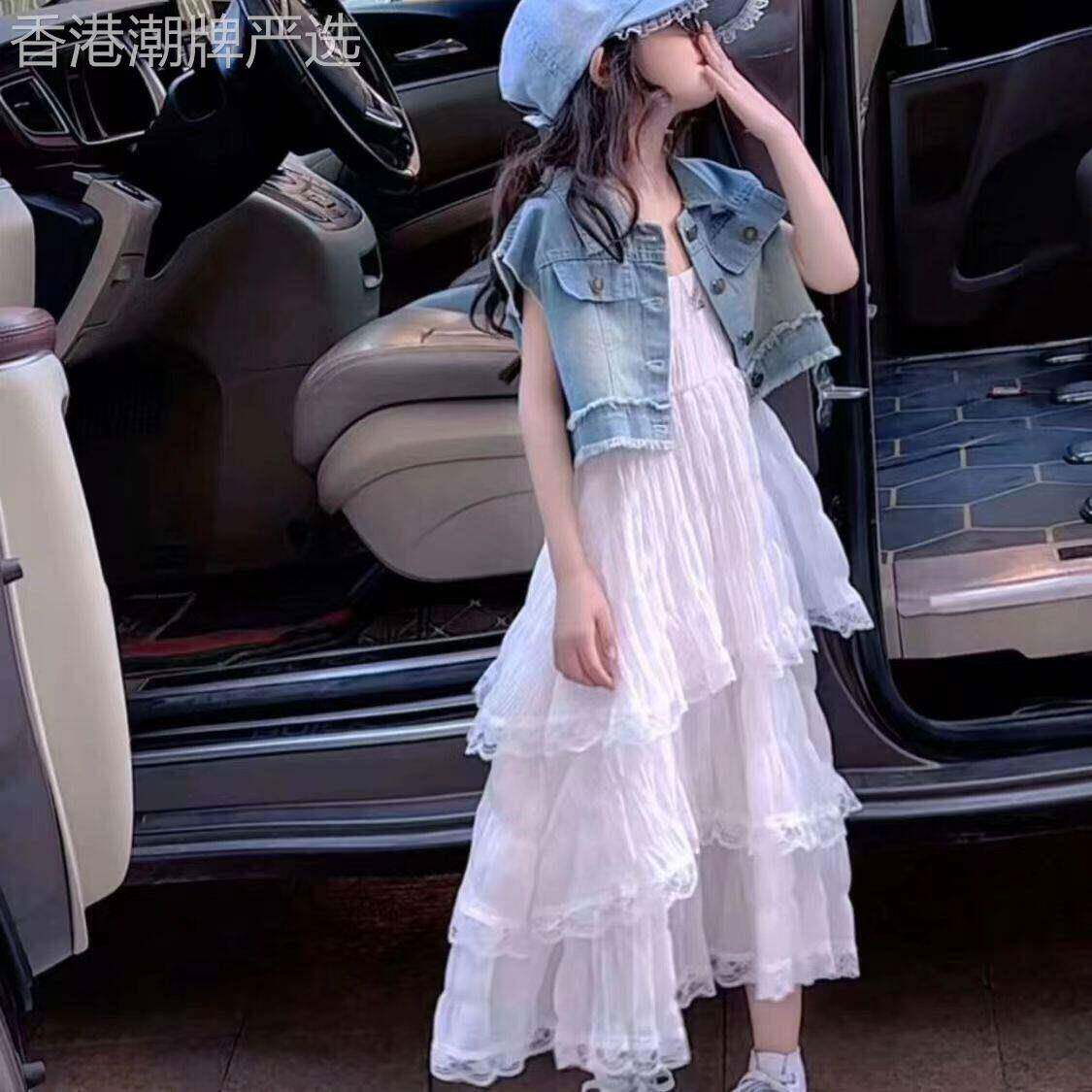 法国BADNUT女童洋装套装夏季2026新款儿童牛仔马甲大童沙滩长裙