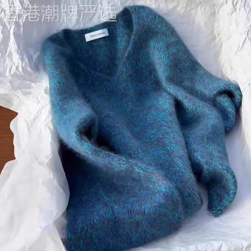 高级感减龄花纱蓝色长袖针织衫女冬季欧货大码胖MM慵懒风宽松上衣