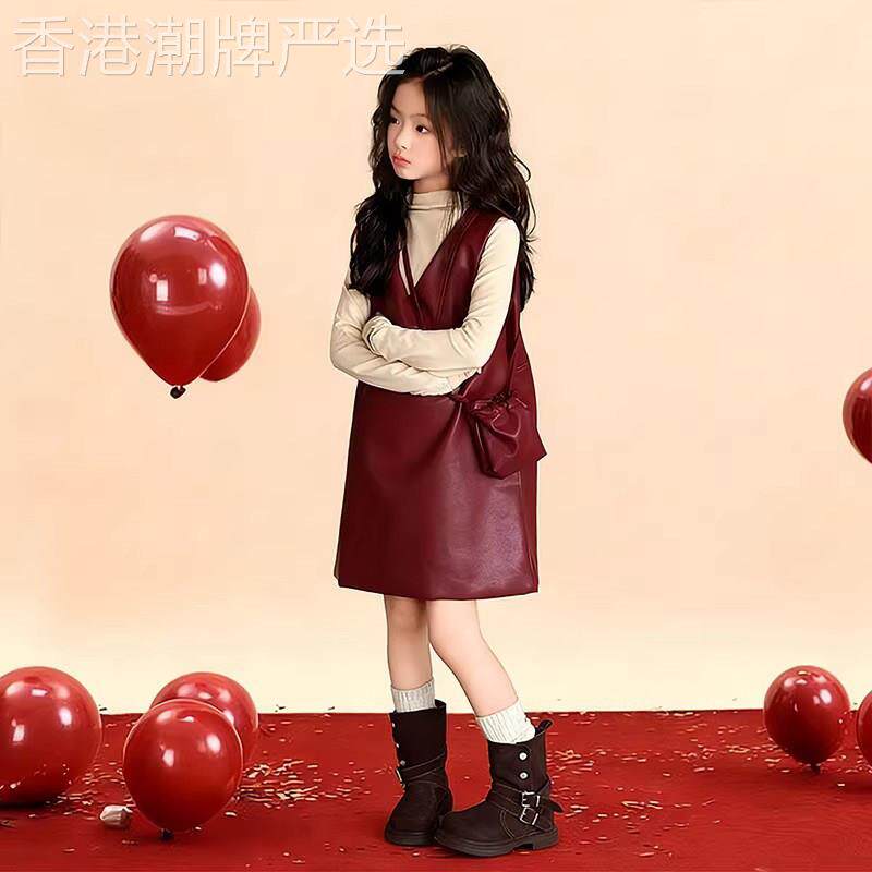法国Uamtor女童新年连衣裙2026新款女大童洋气皮裙女孩春装拜年服