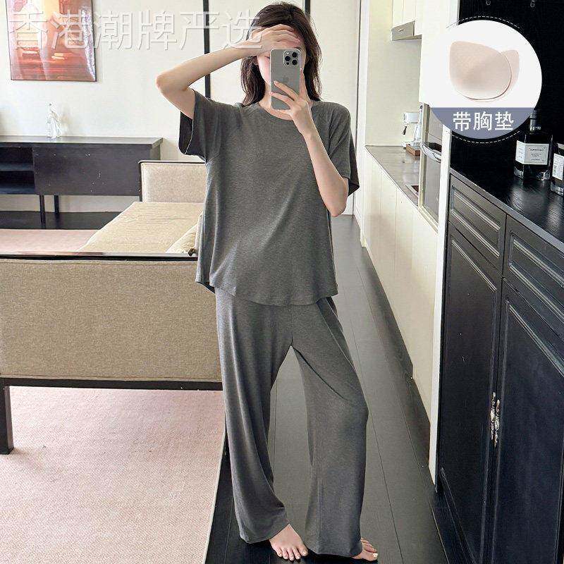 莫代尔灰色睡衣女夏季薄款带胸垫短袖长裤垂感宽松慵懒家居服套装