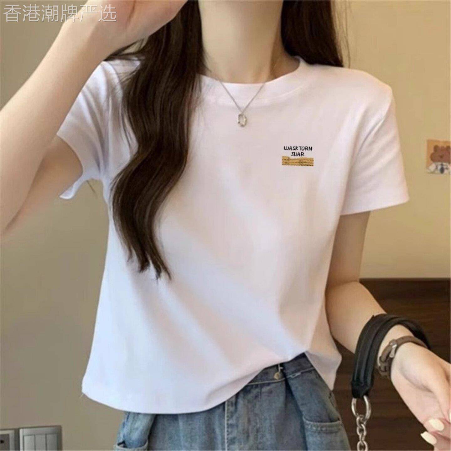 纯棉短袖t恤女夏季薄款2026新款宽松短款圆领印花正肩显瘦上衣ins图片