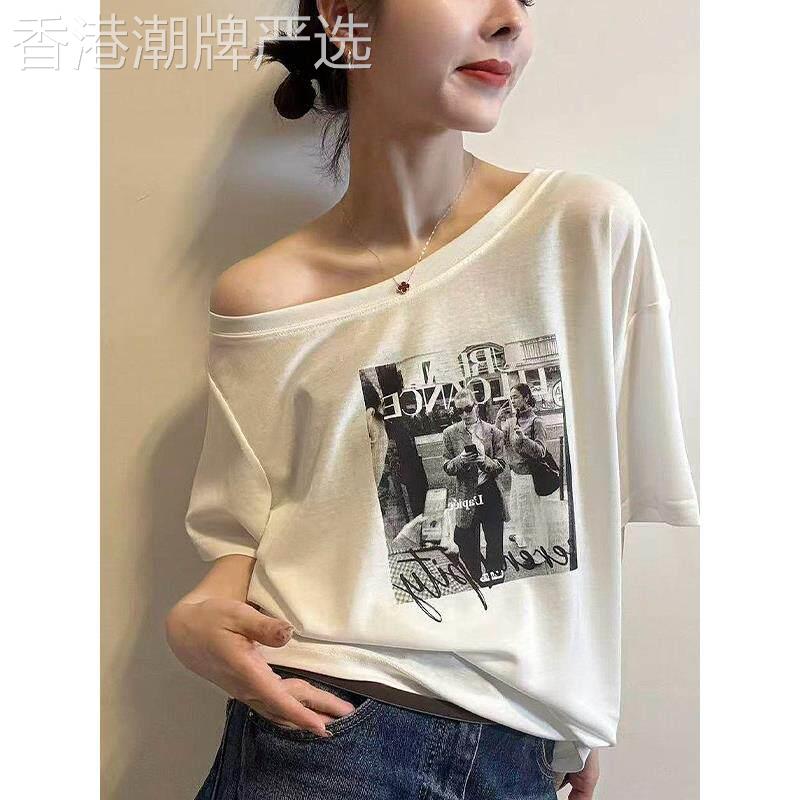 露肩短袖T恤女夏季新款韩版印花设计感小众宽松显瘦百搭减龄上衣