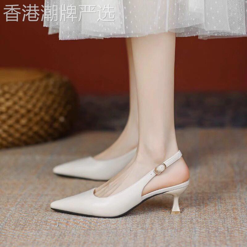 真皮包头凉鞋女2025夏季新款细跟尖头后空单鞋一字带气质高跟鞋子
