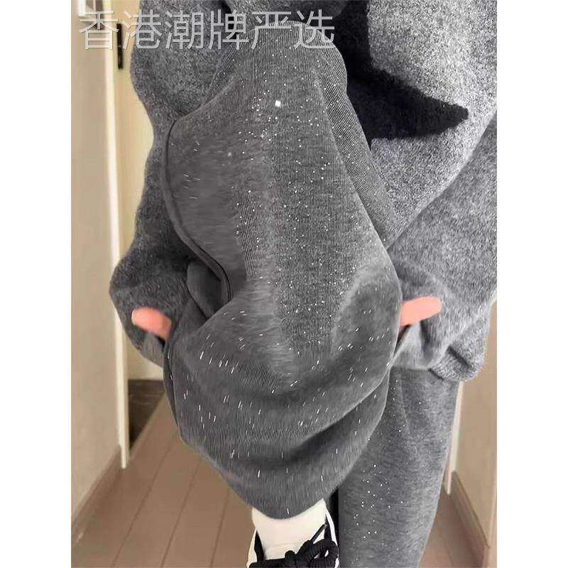 灰色烫钻糯米裤子女春秋欧货高腰显瘦加绒加厚慵懒风休闲阔腿裤