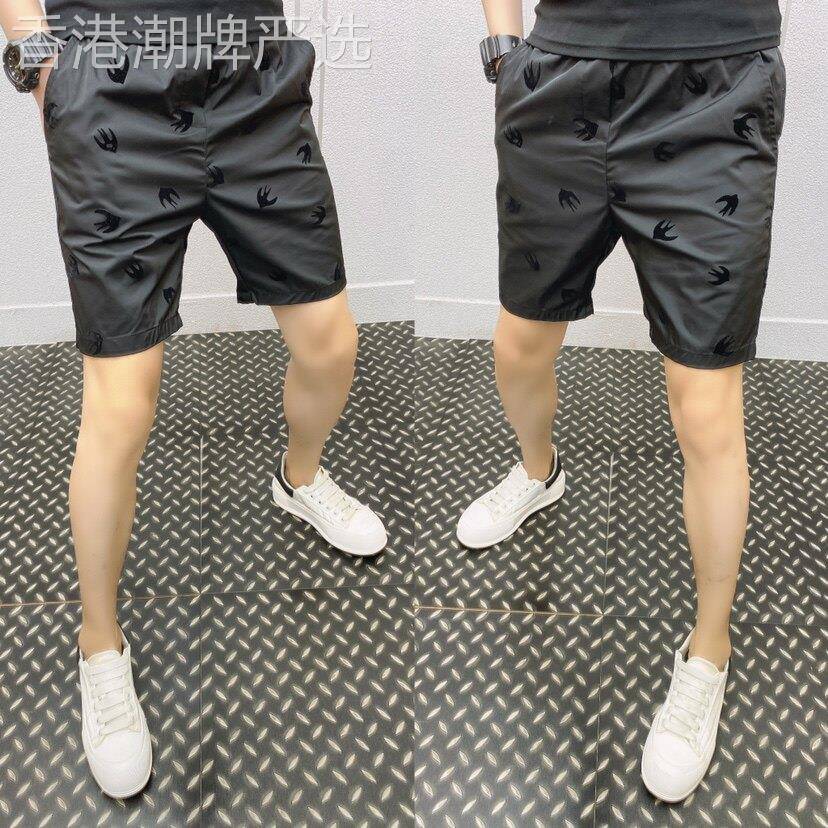 夏季新款植绒印花休闲短裤男士潮流时尚纯色五分裤修身百搭休闲短