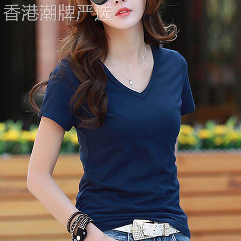 半截袖t恤女纯棉2025新款夏季韩版短袖v领百搭修身打底上衣ins潮