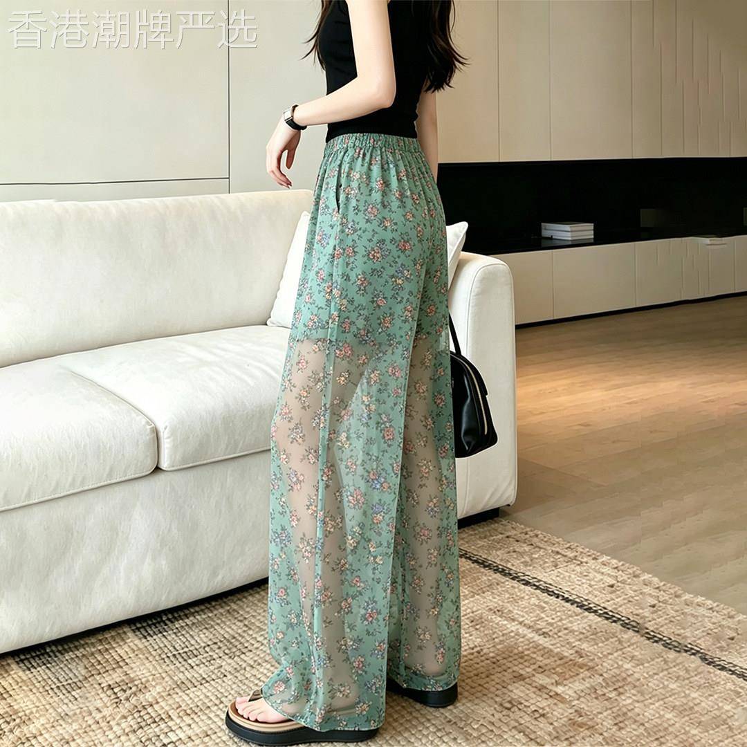 绿色碎花雪纺凉感冰丝休闲宽裤子女2026夏新款巨好看的直筒长裤