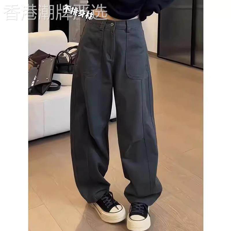 大码弯刀工装牛仔裤女士秋冬欧货胖mm显瘦高腰加绒加厚阔腿香蕉裤