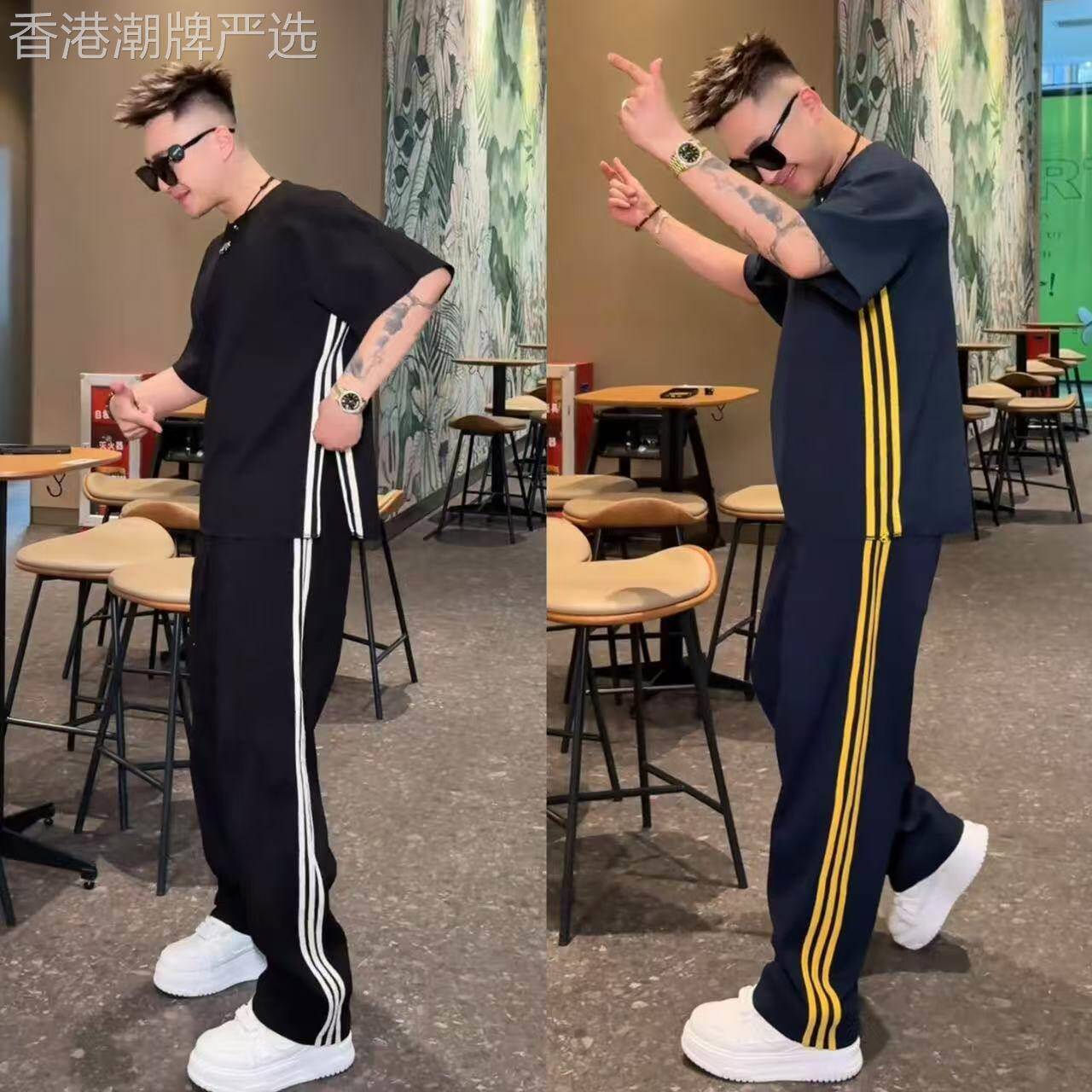 侧条纹运动休闲套装男士夏季时尚潮流百搭痞帅圆领短袖T恤两件套