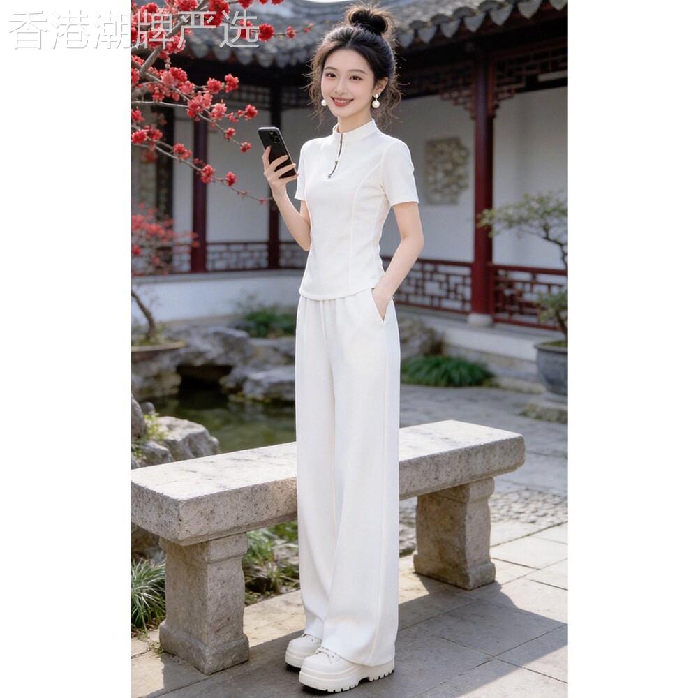 时尚休闲运动服套装女2026夏季新款正肩短袖阔腿裤修身显瘦两件套