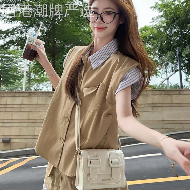 港风复古运动套装女夏季宽松时尚假两件衬衫短袖短裙休闲两件套潮