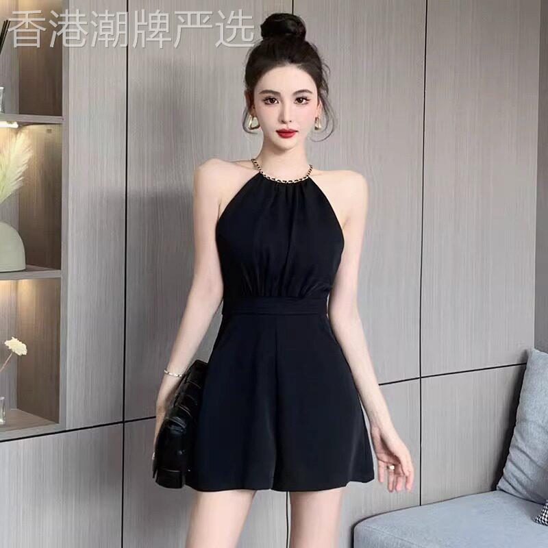 休闲套装女2026新款夏季小个子黑色挂脖连体衣连体阔腿短裤套装女