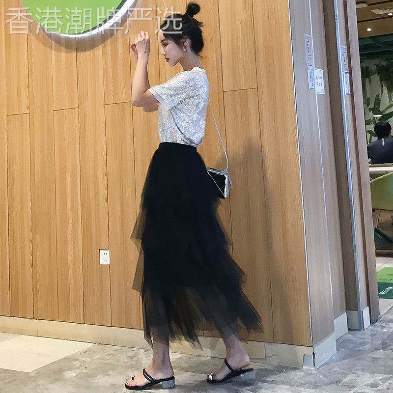 黑色网纱半身裙女夏季2026新款高腰显瘦薄款垂感不规则蛋糕长裙子