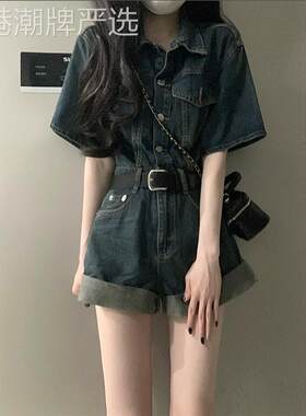 港风复古甜酷牛仔连体裤女春夏季欧货卷边短裤收腰显瘦阔腿连衣裤