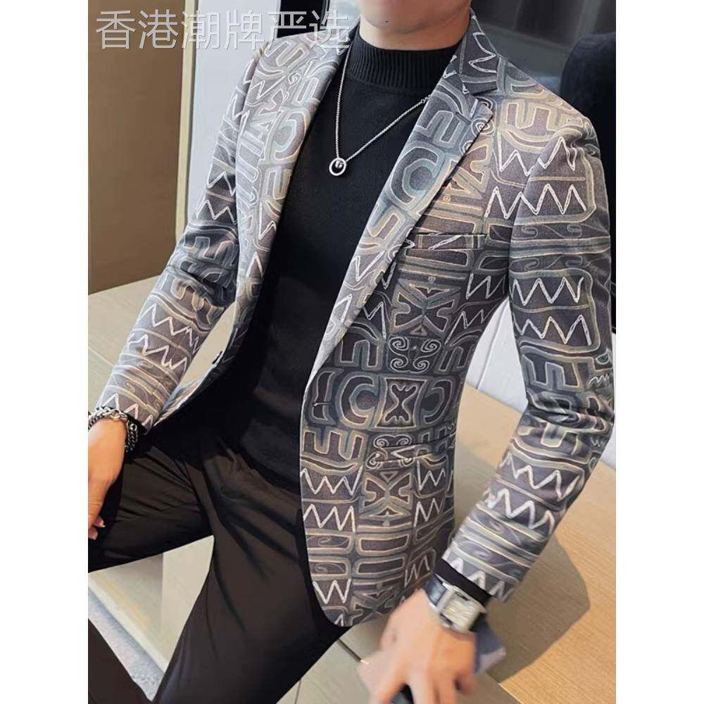 高级感碎花西服男士秋冬季新款韩版修身免烫百搭潮流休闲西装外套