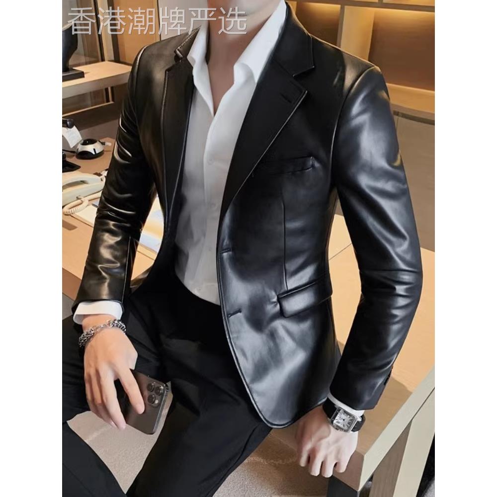 新款高级感商务皮衣男秋冬季时尚韩版修身潮流轻奢百搭休闲皮西装
