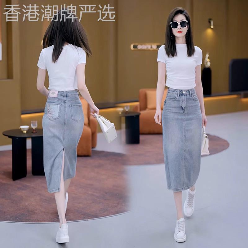 牛仔半身裙女夏季薄款2026新款高腰a字显瘦中长版直筒开叉包臀裙