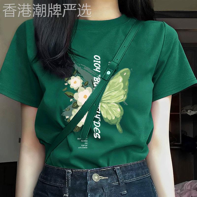 韩国2026夏季设计感时尚百搭蝴蝶印花短袖T恤女韩版圆领正肩上衣
